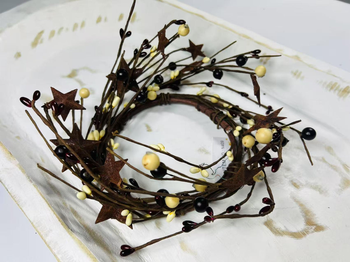 Burgundy Cream Pip Berry Wreath 4.5” Candle Ring Rustic Primitive Farmhouse Decor with Stars