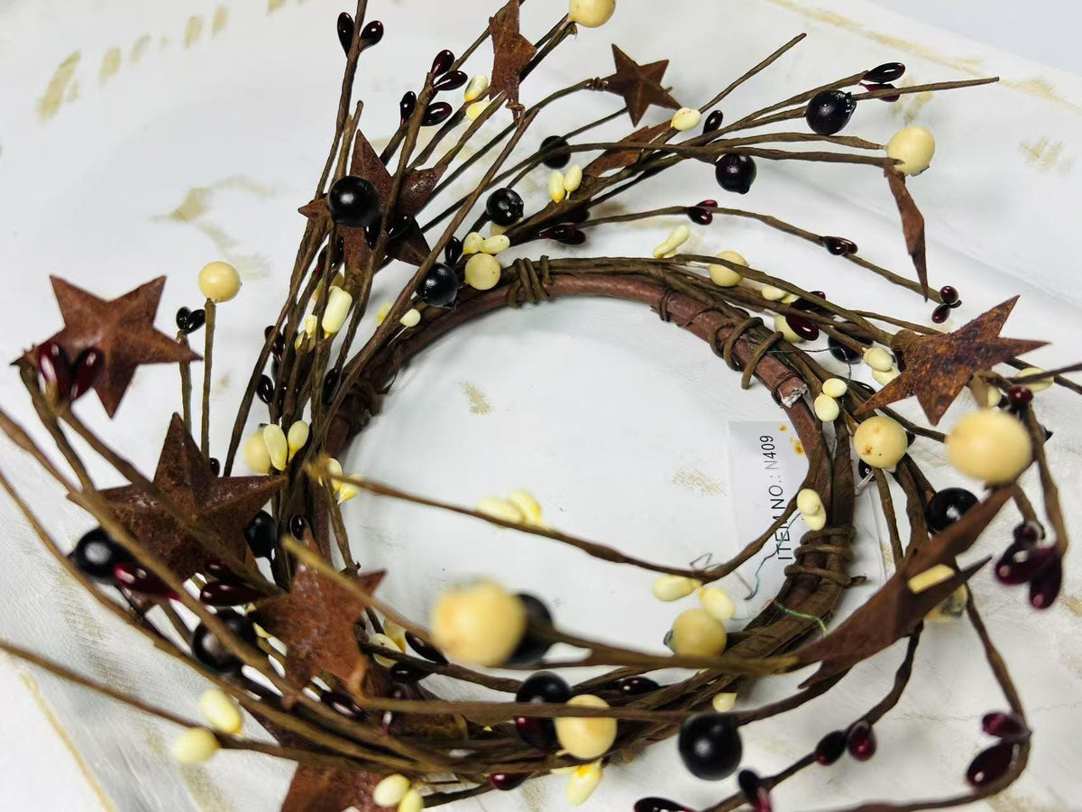 Burgundy Cream Pip Berry Wreath 4.5” Candle Ring Rustic Primitive Farmhouse Decor with Stars