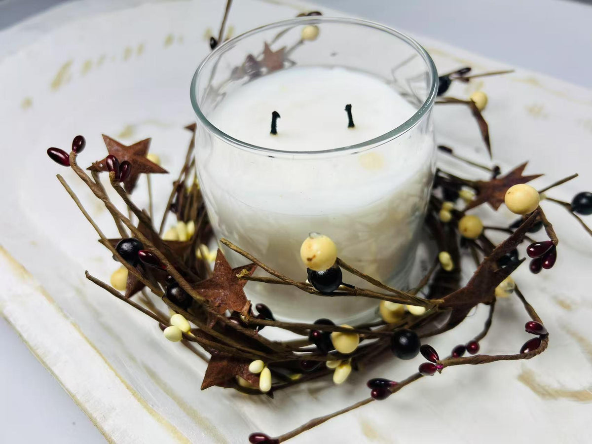 Burgundy Cream Pip Berry Wreath 4.5” Candle Ring Rustic Primitive Farmhouse Decor with Stars