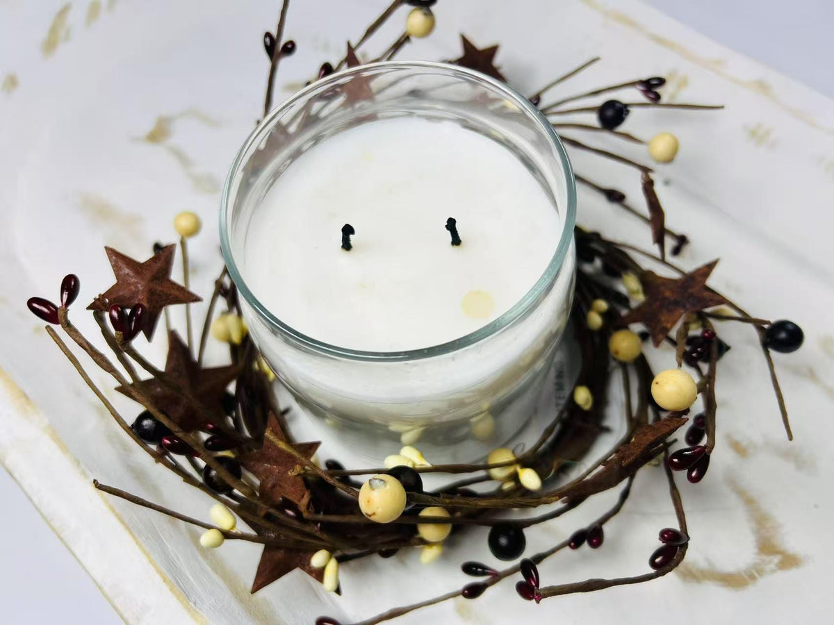 Burgundy Cream Pip Berry Wreath 4.5” Candle Ring Rustic Primitive Farmhouse Decor with Stars