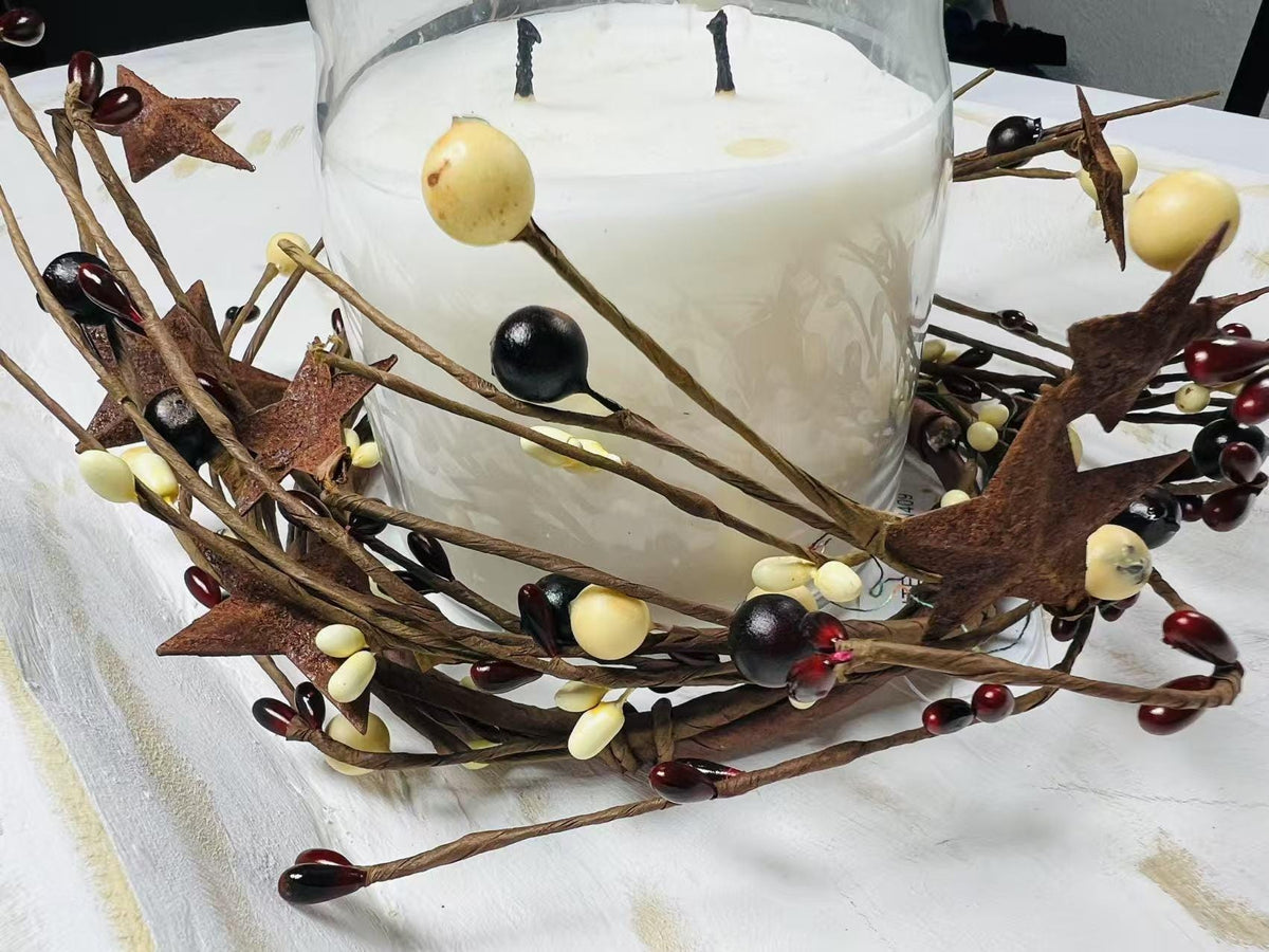 Burgundy Cream Pip Berry Wreath 4.5” Candle Ring Rustic Primitive Farmhouse Decor with Stars
