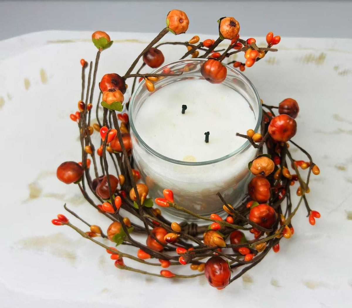 4.5” Fall Mini Pumpkin Candle Ring | Rustic Autumn Berry Wreath | Farmhouse Table Decor
