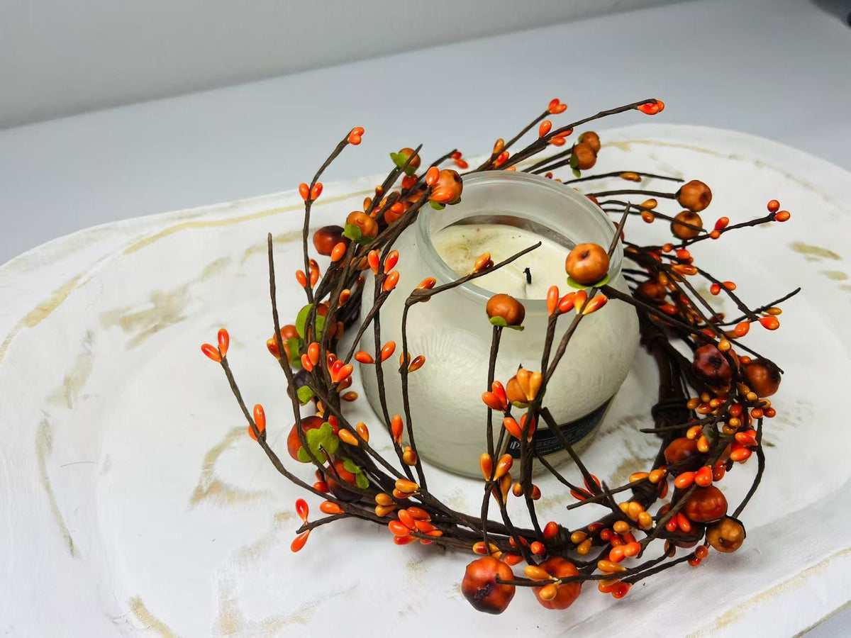 6.5” Fall Pumpkin Berry Candle Ring | Mini Autumn Wreath | Farmhouse Thanksgiving Decor