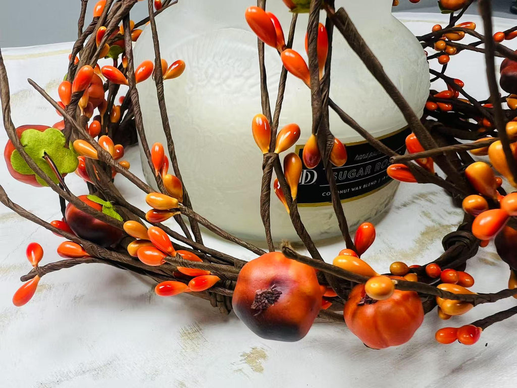 6.5” Fall Pumpkin Berry Candle Ring | Mini Autumn Wreath | Farmhouse Thanksgiving Decor