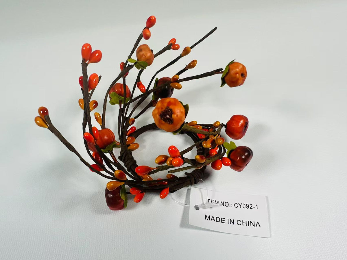 Mini 1.5” Fall Candle Ring with Artificial Pumpkins and Berries for Autumn Decor