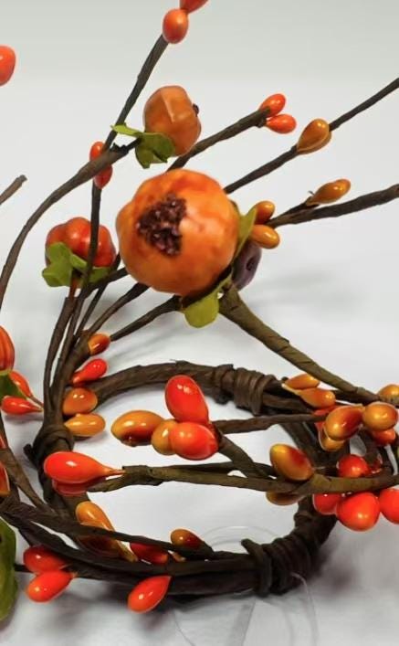 Mini 1.5” Fall Candle Ring with Artificial Pumpkins and Berries for Autumn Decor