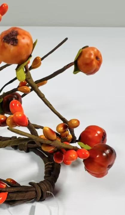 Mini 1.5” Fall Candle Ring with Artificial Pumpkins and Berries for Autumn Decor