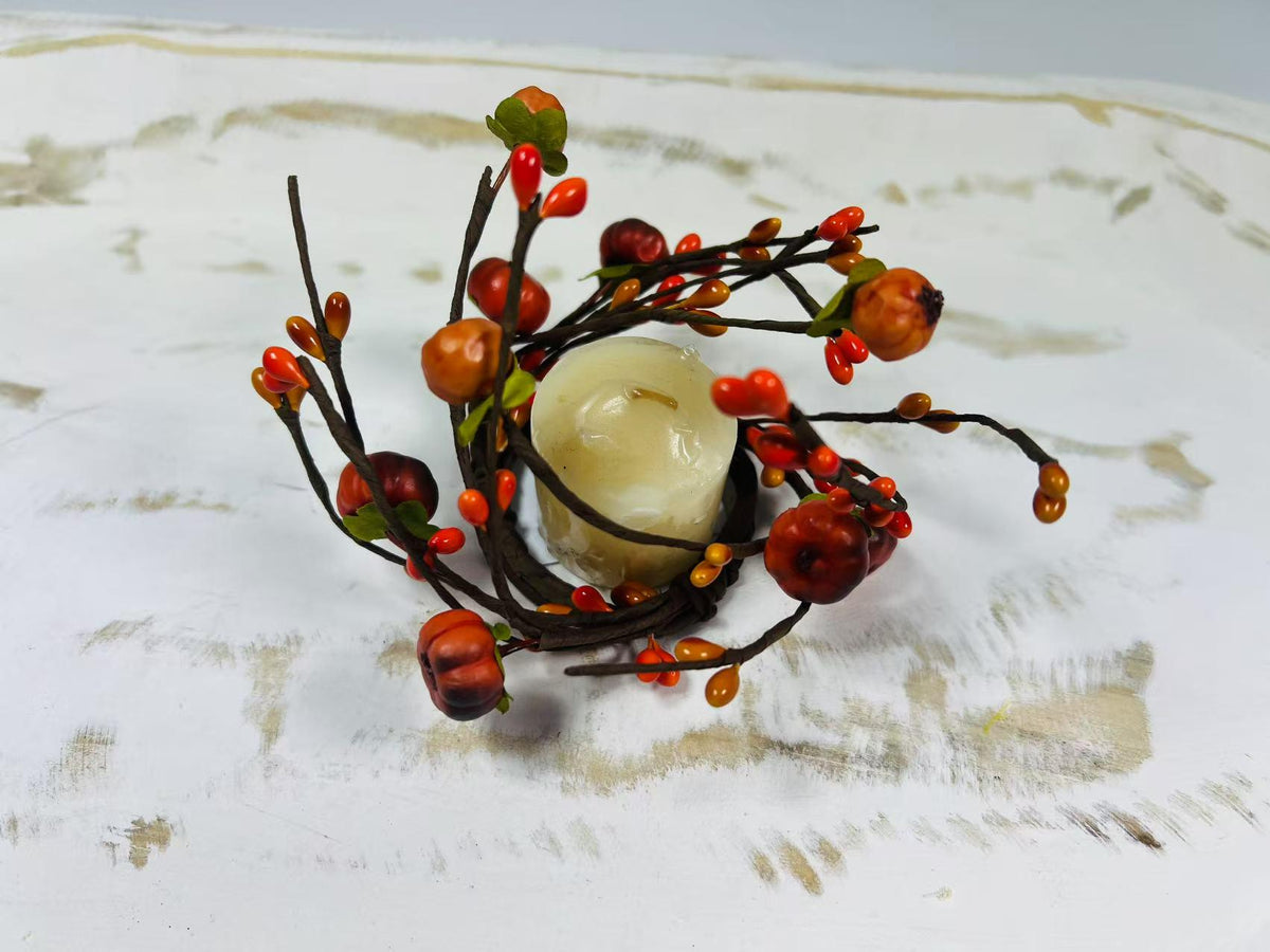 Mini 1.5” Fall Candle Ring with Artificial Pumpkins and Berries for Autumn Decor