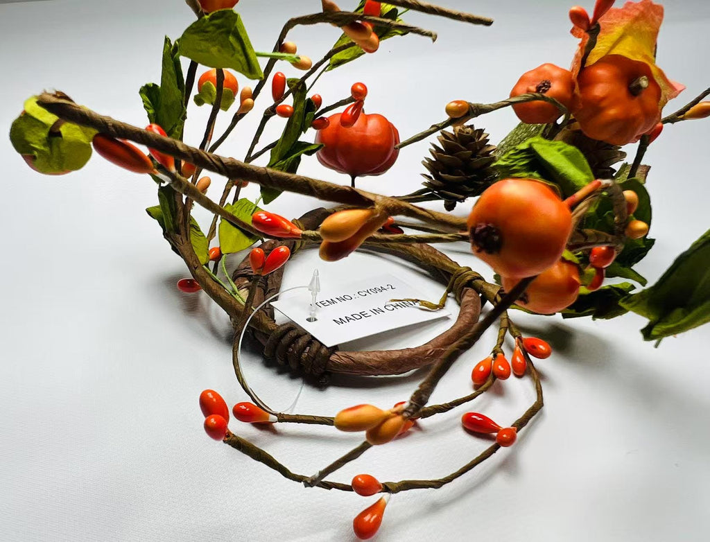 Mini Fall Pumpkin Berry Candle Ring – 2.5” Autumn Wreath with Gourds, Acorns & Leaves