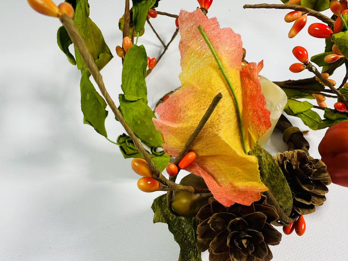 Mini Fall Pumpkin Berry Candle Ring – 2.5” Autumn Wreath with Gourds, Acorns & Leaves