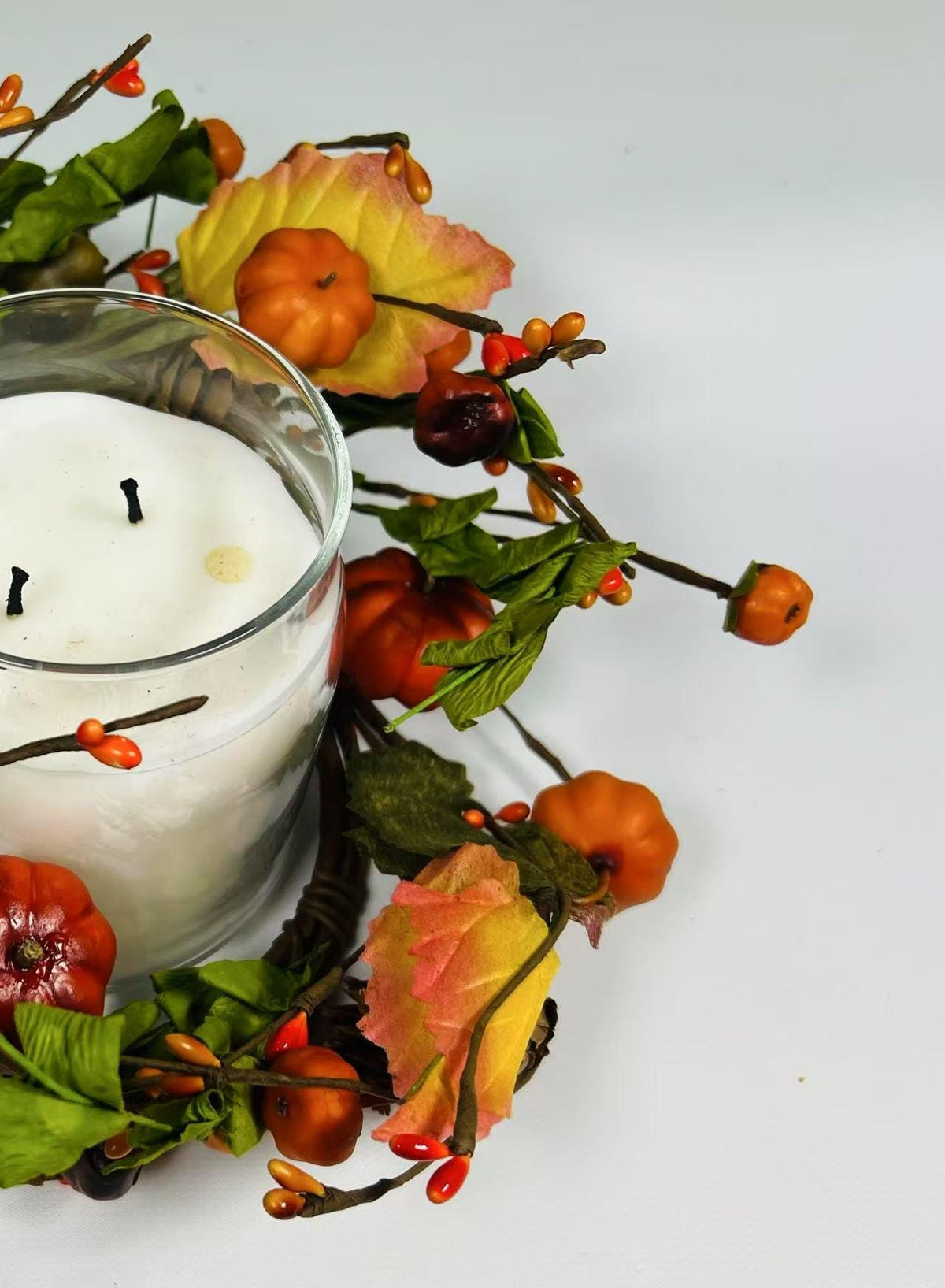 Mini Fall Pumpkin Berry Candle Ring – 4.5” Autumn Wreath with Gourds, Acorns & Leaves