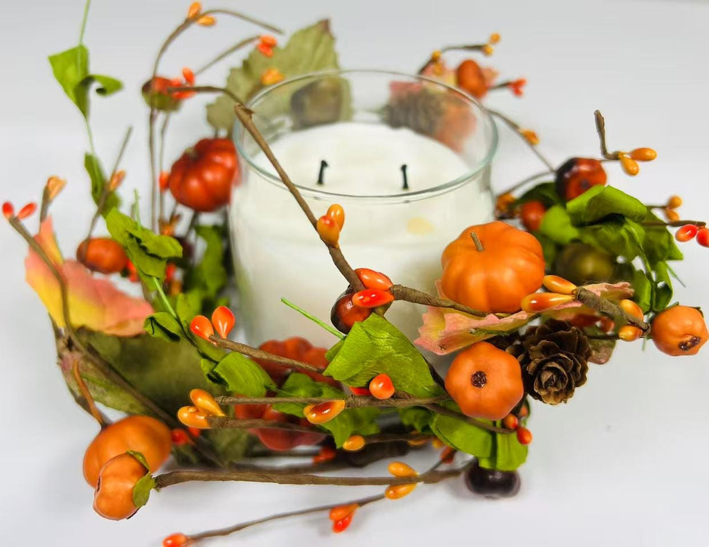 Mini Fall Pumpkin Berry Candle Ring – 4.5” Autumn Wreath with Gourds, Acorns & Leaves