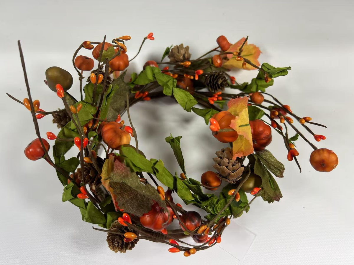 6.5” Fall Pumpkin Berry Candle Ring – Autumn Mini Wreath with Acorns, Pinecones & Leaves