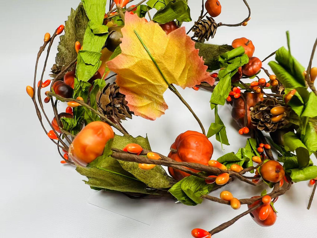 6.5” Fall Pumpkin Berry Candle Ring – Autumn Mini Wreath with Acorns, Pinecones & Leaves
