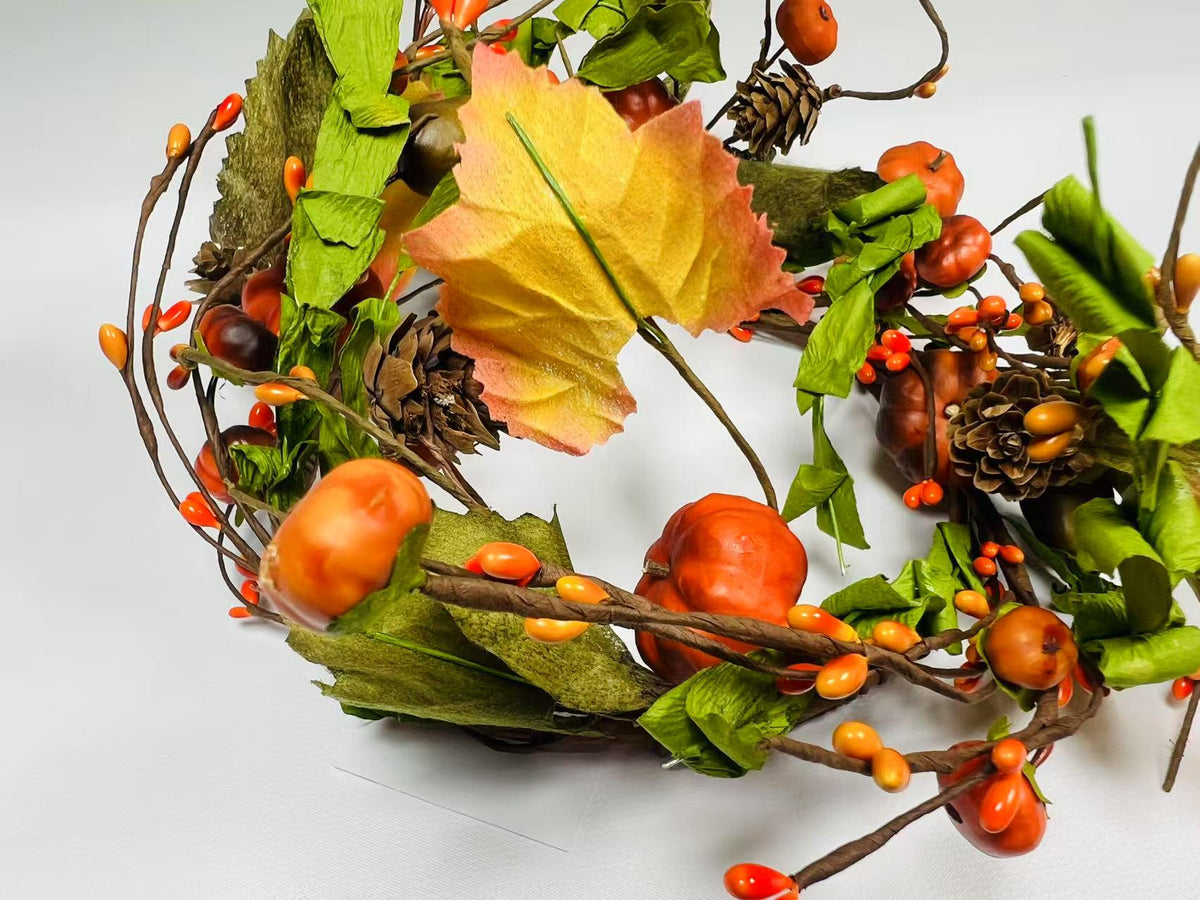 6.5” Fall Pumpkin Berry Candle Ring – Autumn Mini Wreath with Acorns, Pinecones & Leaves