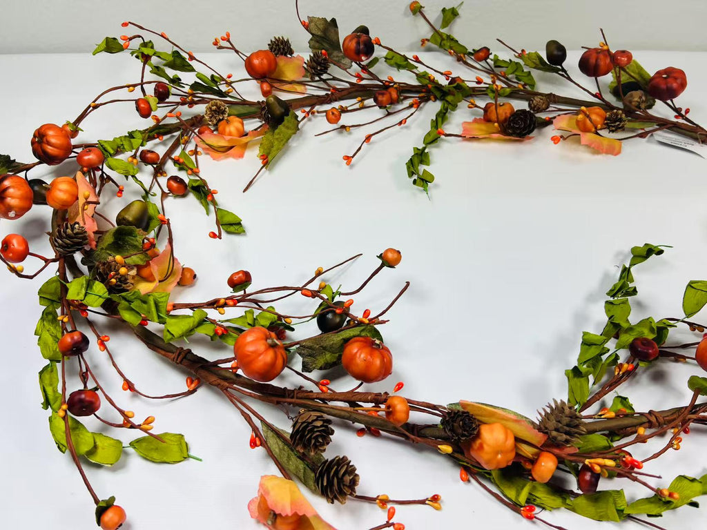 60 Inch Fall Garland with Pumpkins Acorns Pinecones Leaves Berries for Autumn Decor