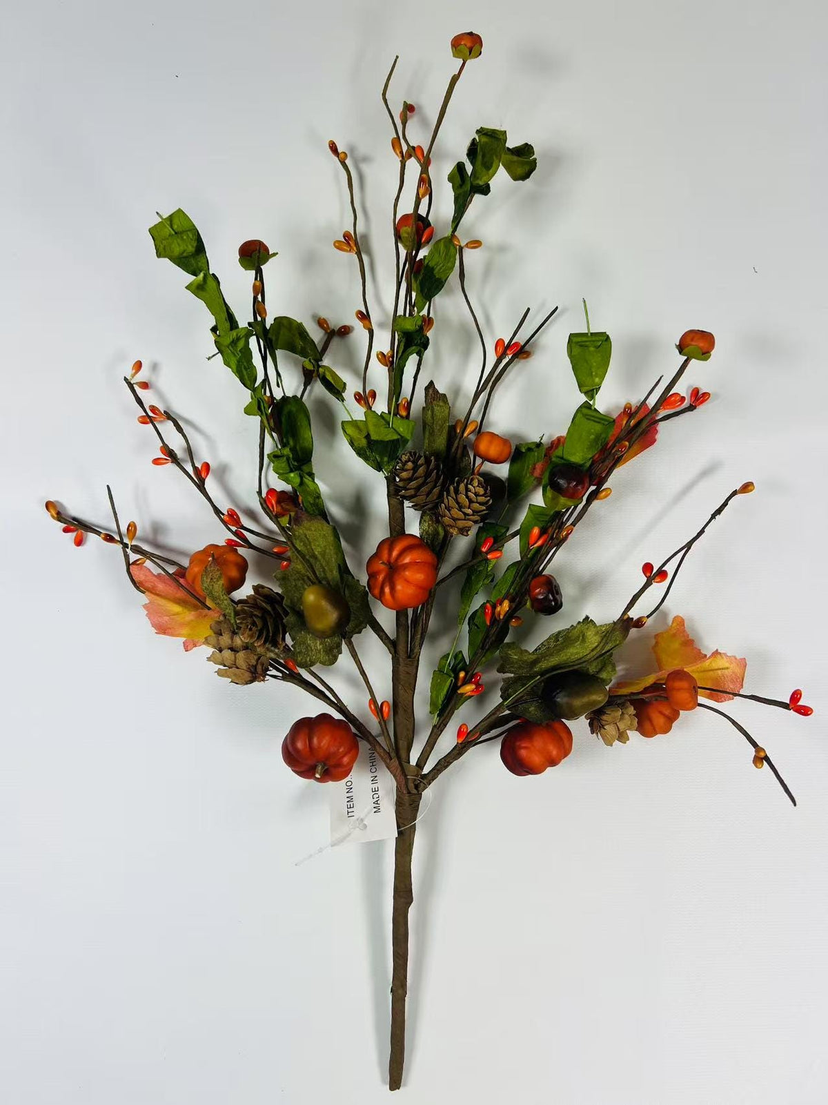 18” Fall Pumpkin Pick with Acorns Pinecones Berries – Autumn Harvest Floral Stem Decor