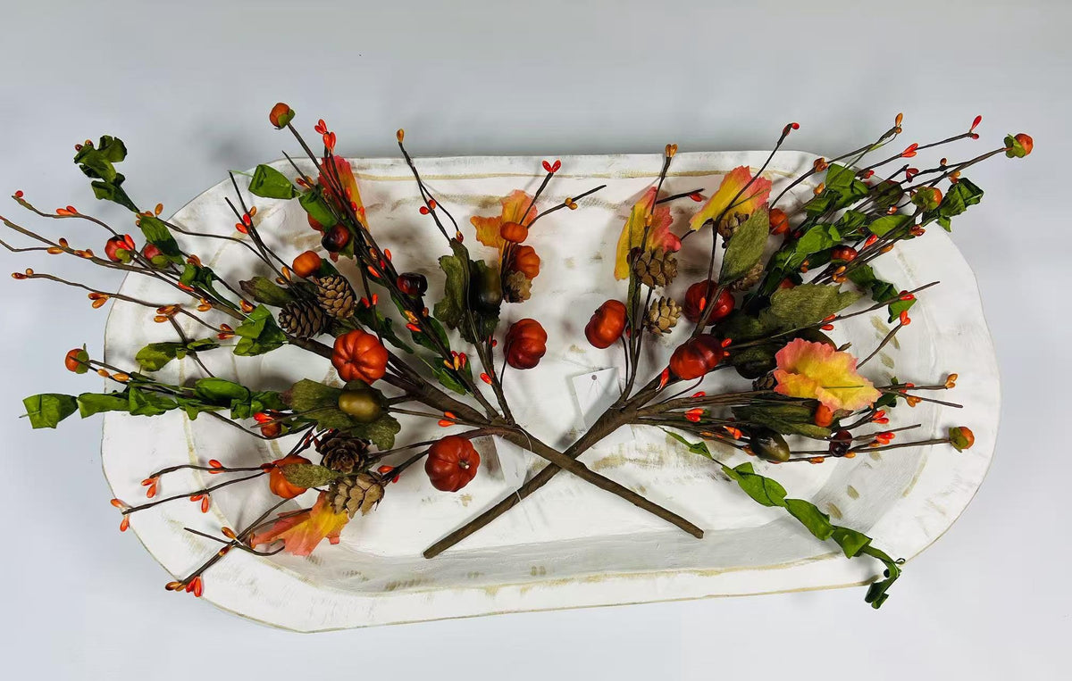 18” Fall Pumpkin Pick with Acorns Pinecones Berries – Autumn Harvest Floral Stem Decor
