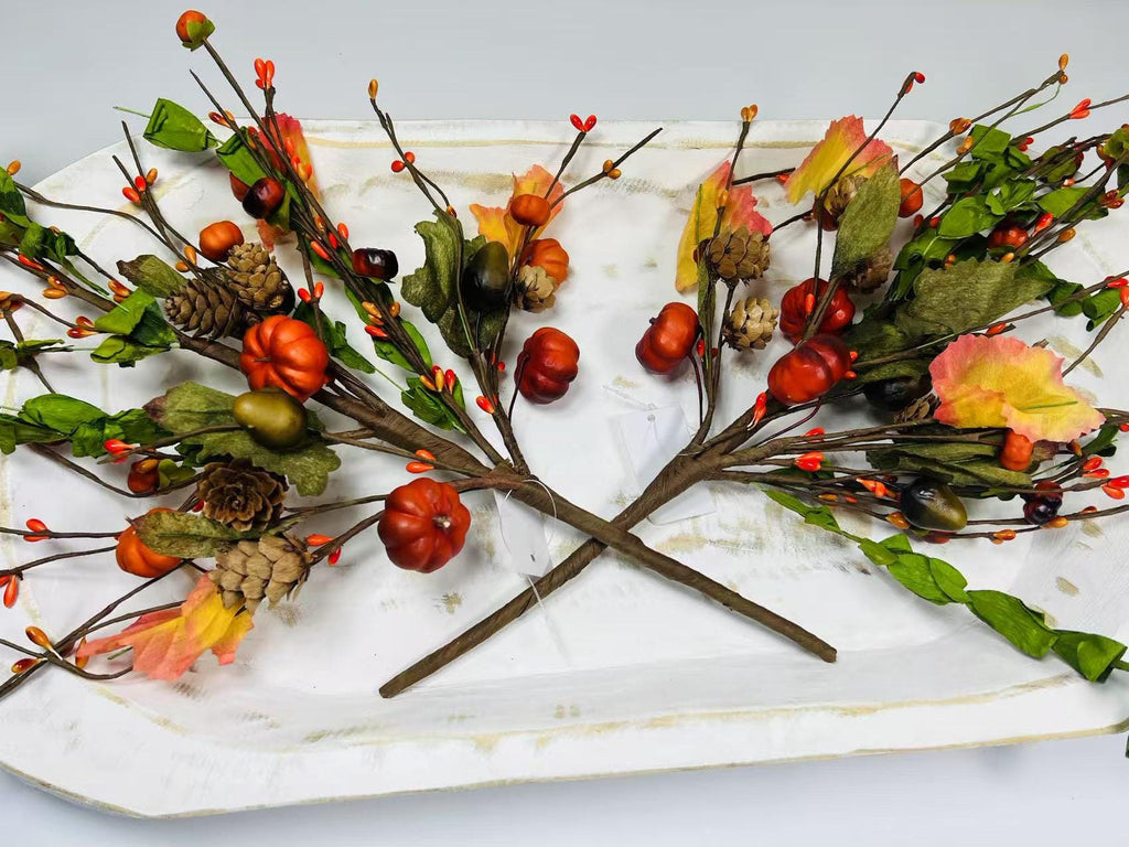 18” Fall Pumpkin Pick with Acorns Pinecones Berries – Autumn Harvest Floral Stem Decor