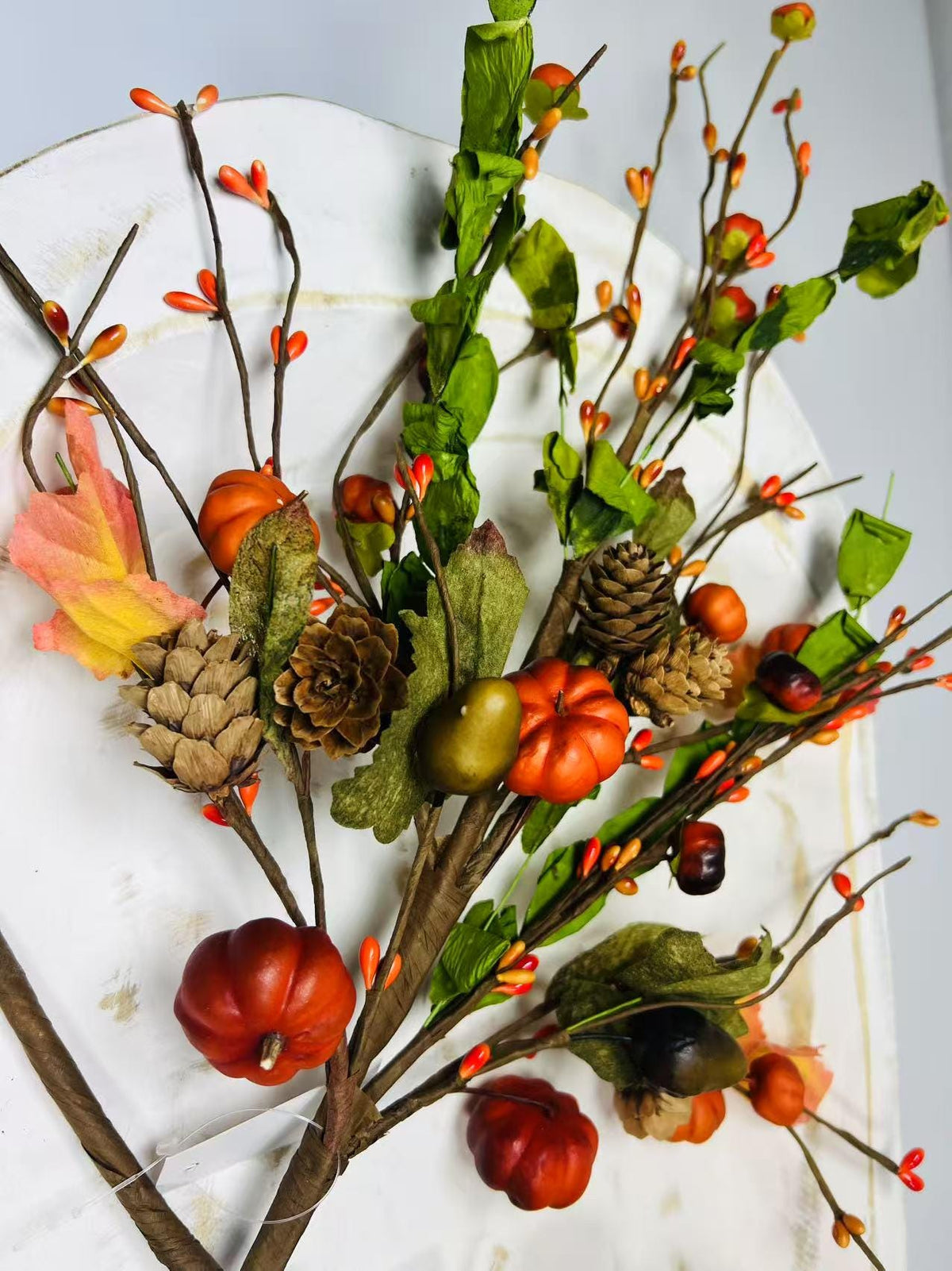 18” Fall Pumpkin Pick with Acorns Pinecones Berries – Autumn Harvest Floral Stem Decor