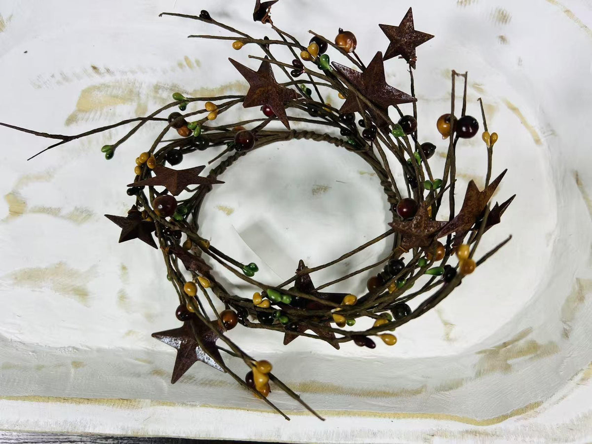 Rustic Pip Berry Candle Ring 4.5” | Mustard Burgundy Green Stars | Primitive Fall Decor