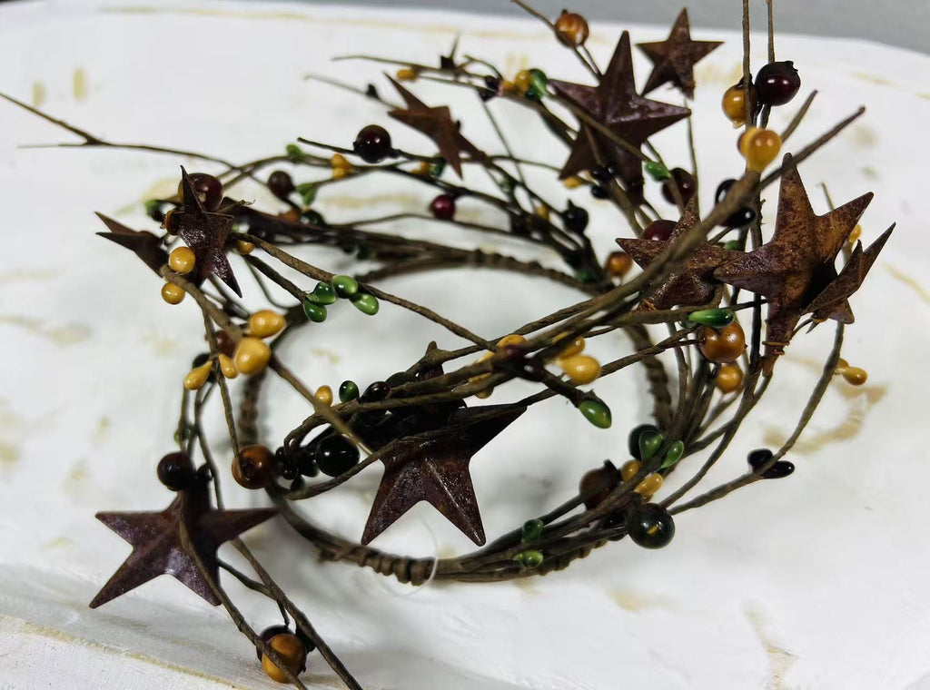 Rustic Pip Berry Candle Ring 4.5” | Mustard Burgundy Green Stars | Primitive Fall Decor