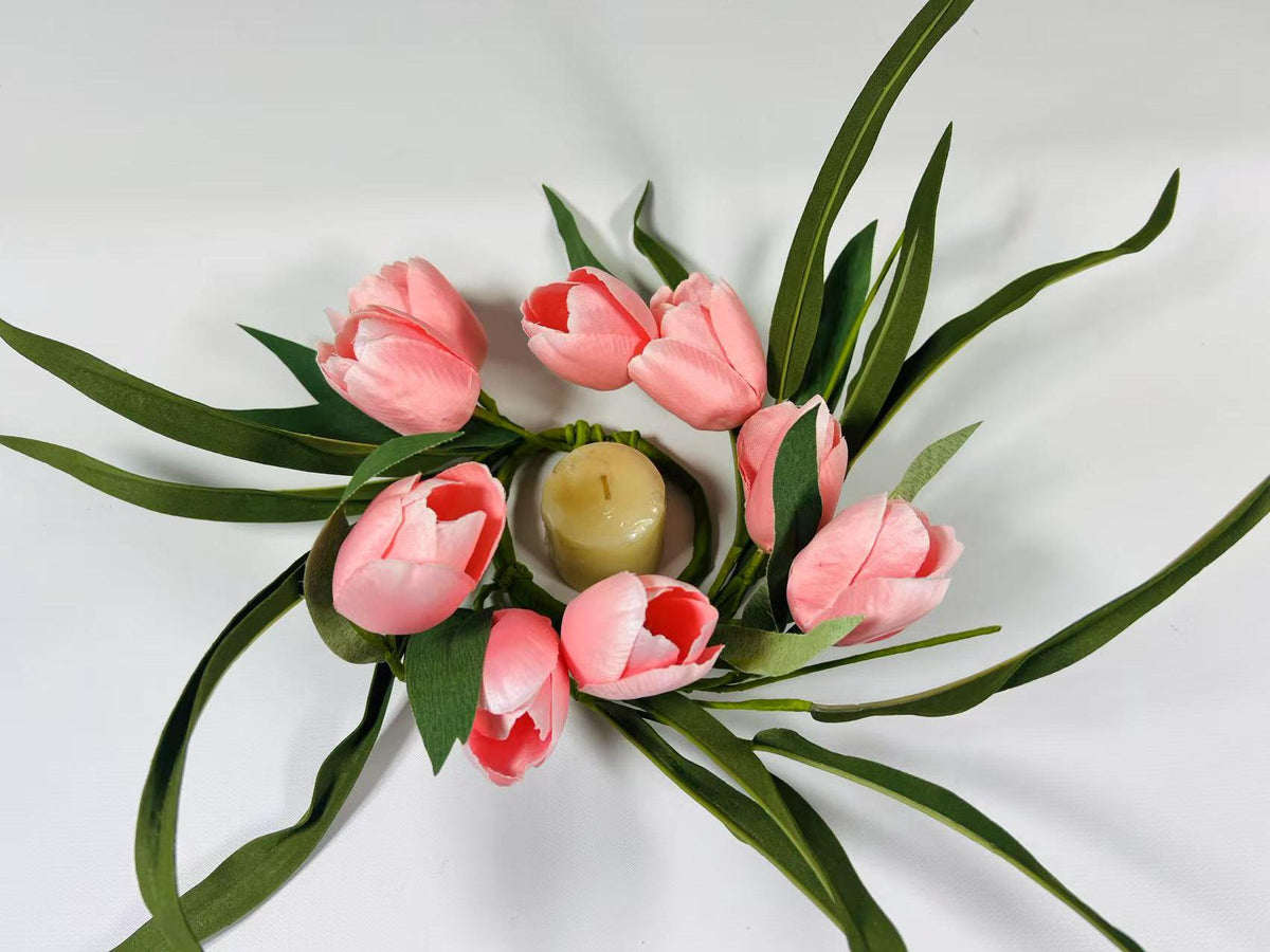 2.5” Pink Silk Tulip Candle Ring, Mini Wreath Spring Decor, Farmhouse Floral Centerpiece Ring