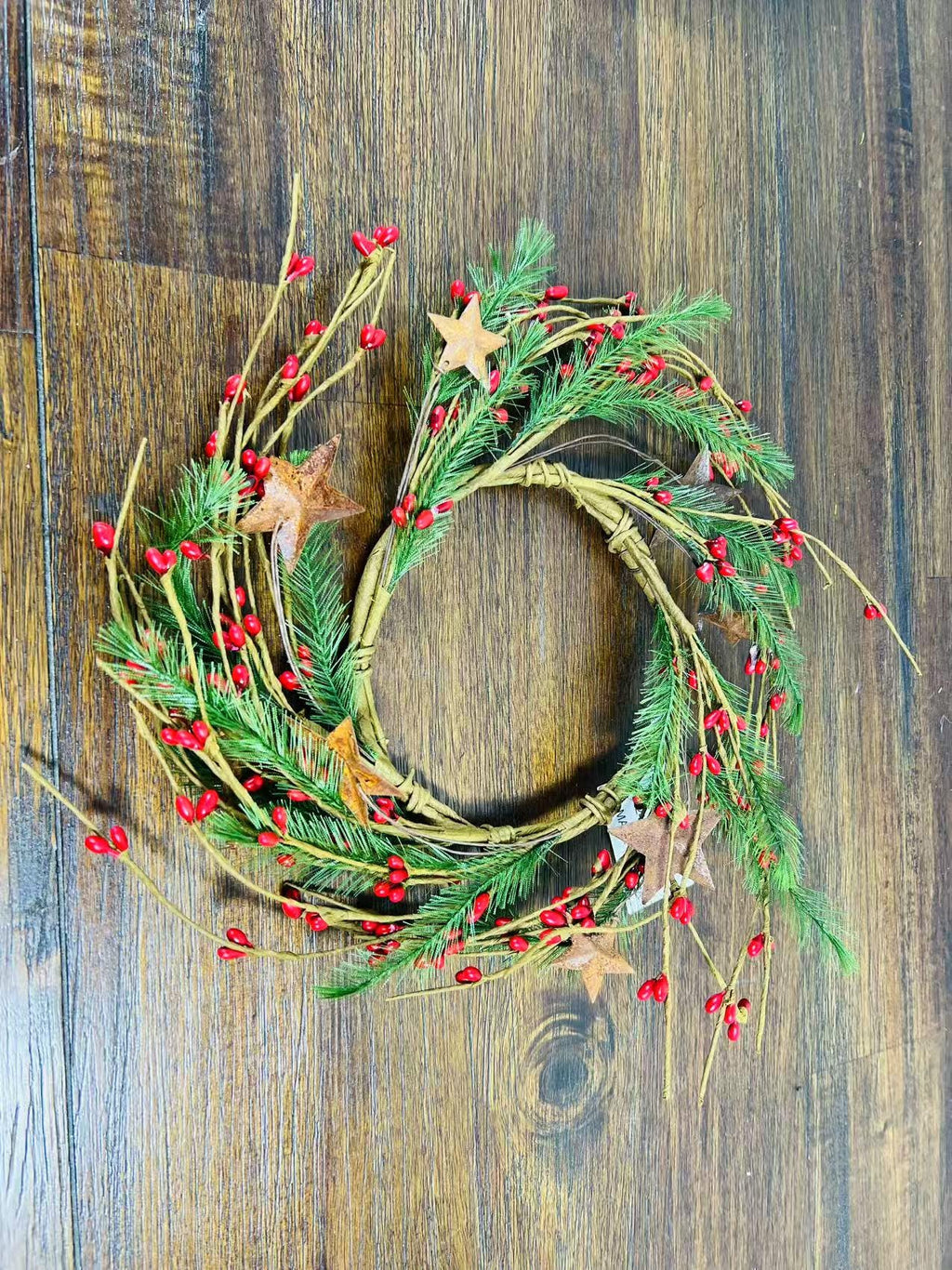 Mini Christmas Candle Ring1.5” | Red Berry Pine Wreath | Farmhouse Star Holiday Decor