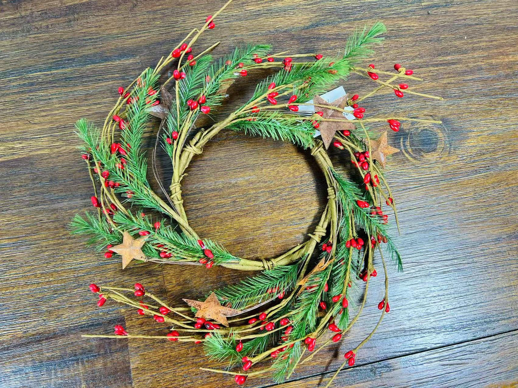 Mini Christmas Candle Ring1.5” | Red Berry Pine Wreath | Farmhouse Star Holiday Decor