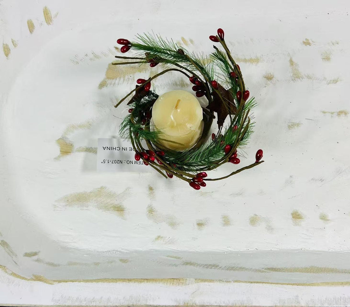 Mini Christmas Candle Ring1.5” | Red Berry Pine Wreath | Farmhouse Star Holiday Decor