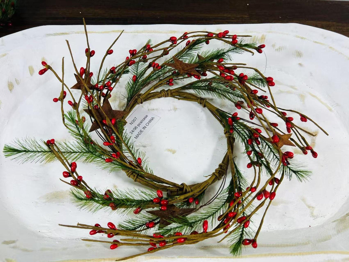 Rustic Red Berry Wreath 4.5” | Mini Christmas Pine Ring | Farmhouse Candle Wreath Decor