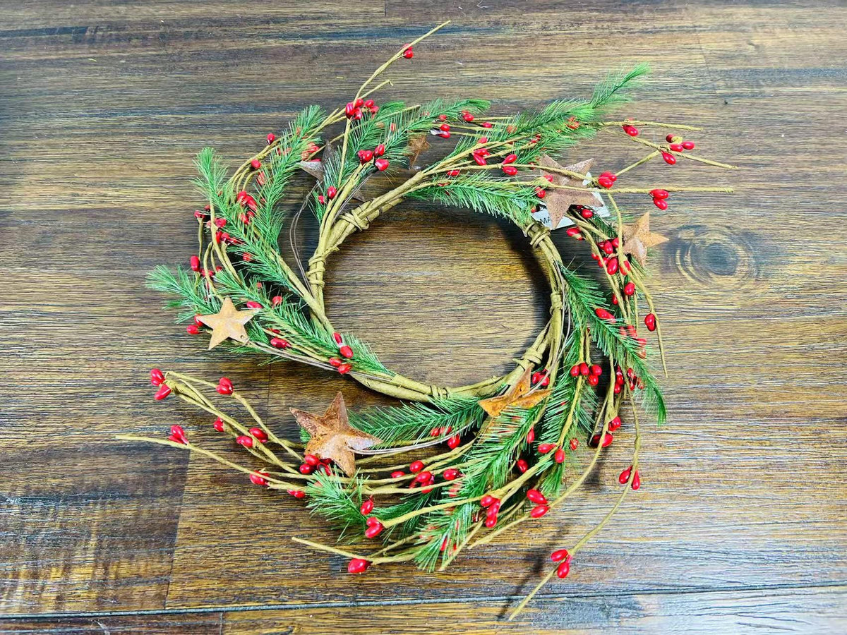 Rustic Red Berry Wreath 4.5” | Mini Christmas Pine Ring | Farmhouse Candle Wreath Decor