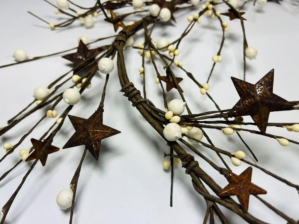 Rustic Pip Berry Garland: Primitive Farmhouse Decor with Metal Stars