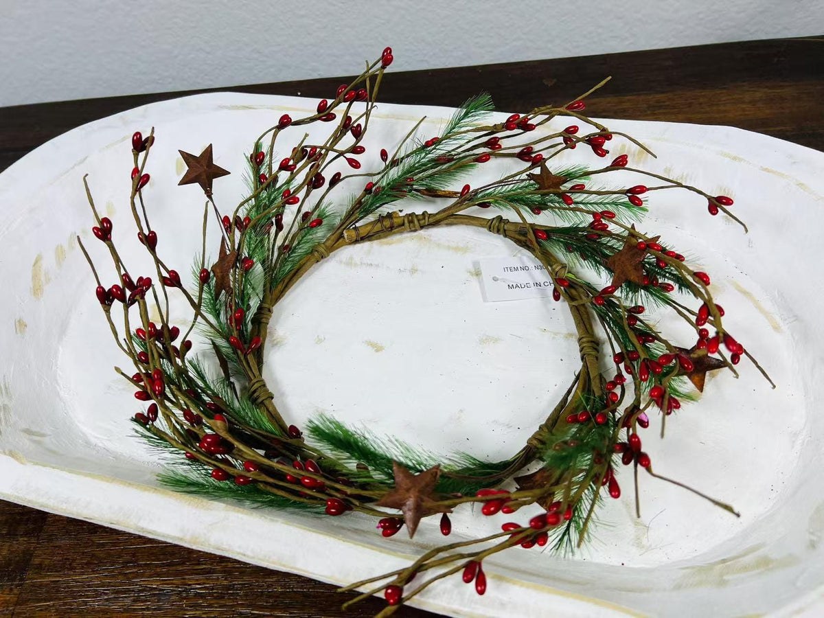 Rustic Red Berry Wreath 6.5” | Mini Christmas Pine Ring | Farmhouse Candle Wreath Decor