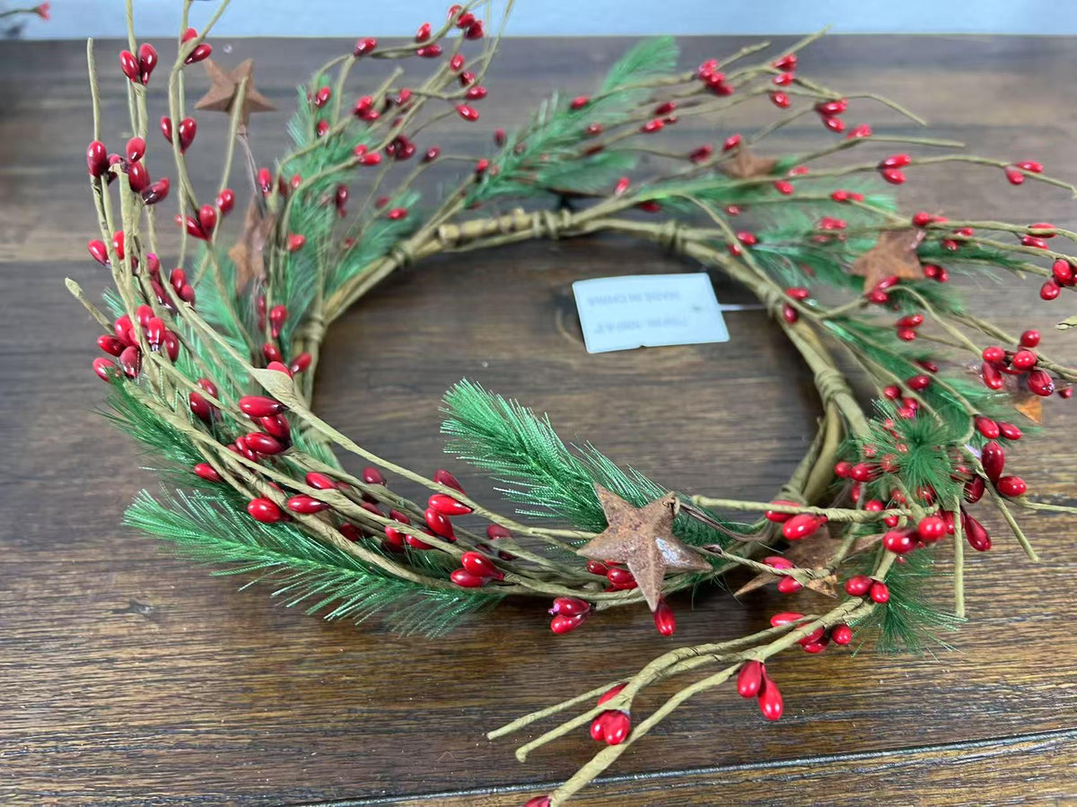 Rustic Red Berry Wreath 6.5” | Mini Christmas Pine Ring | Farmhouse Candle Wreath Decor