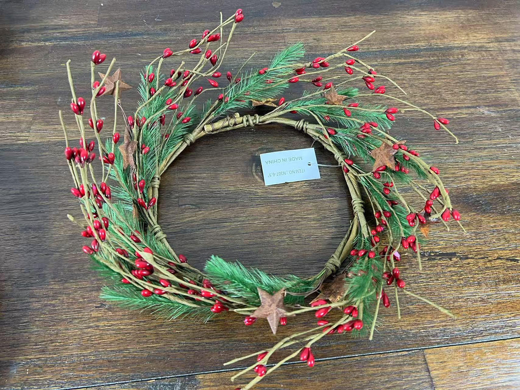 Rustic Red Berry Wreath 6.5” | Mini Christmas Pine Ring | Farmhouse Candle Wreath Decor