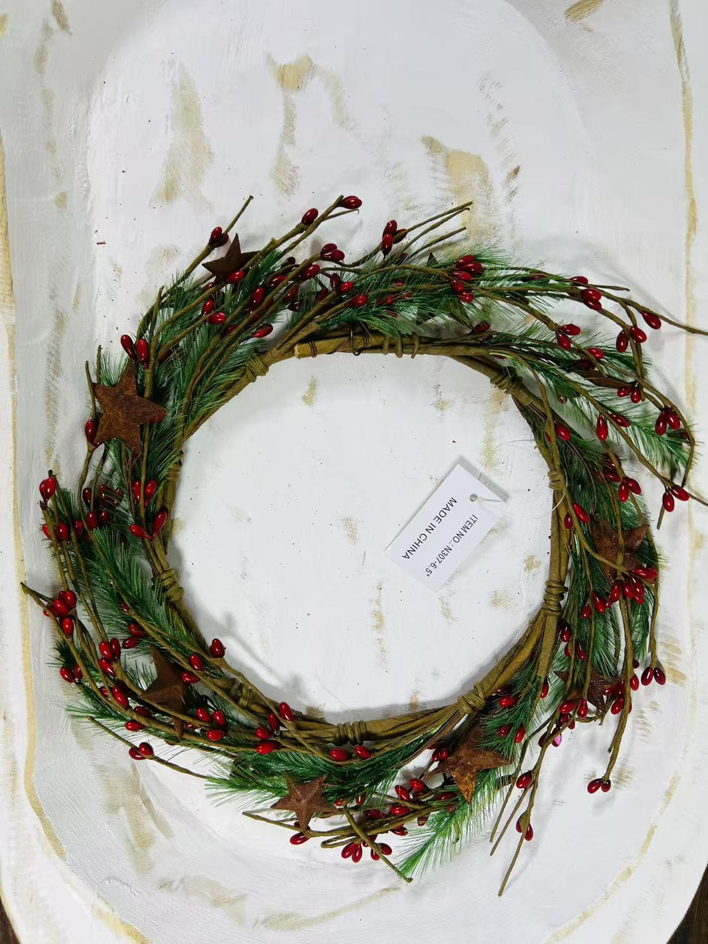 Rustic Red Berry Wreath 6.5” | Mini Christmas Pine Ring | Farmhouse Candle Wreath Decor