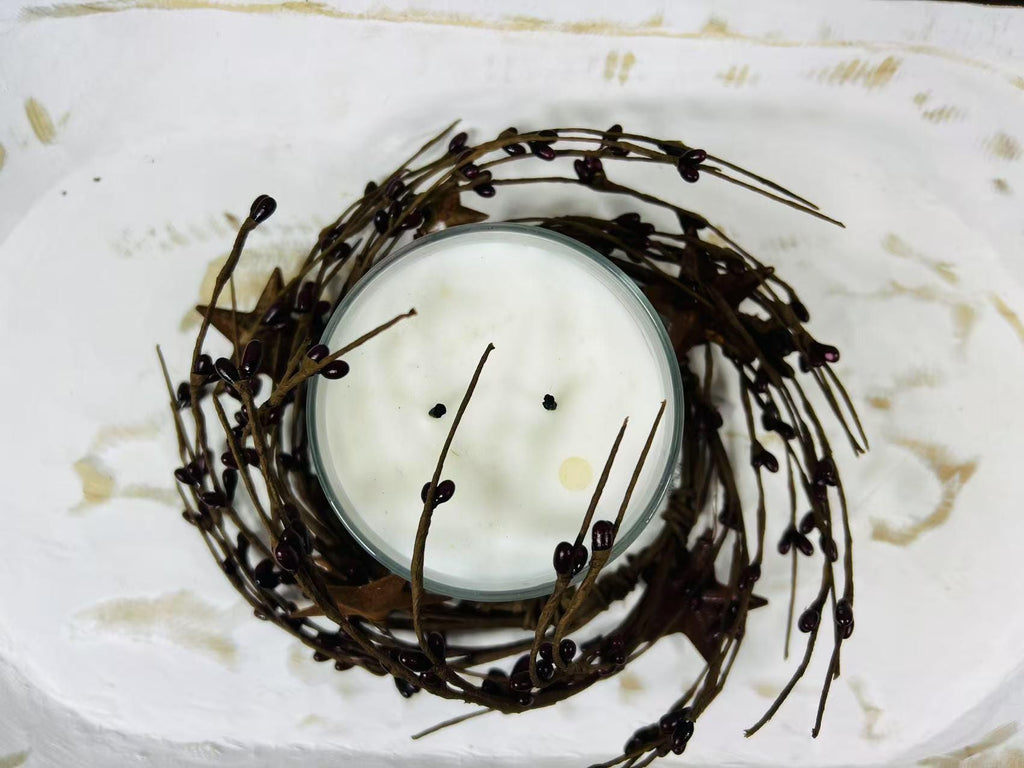 Burgundy Pip Berry Candle Ring with Rustic Metal Stars - 4.5" Farmhouse Decor