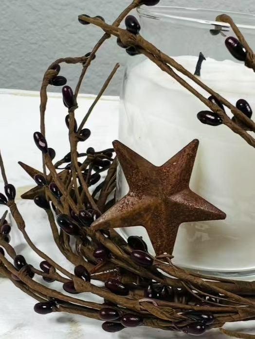 Burgundy Pip Berry Candle Ring with Rustic Metal Stars - 4.5" Farmhouse Decor