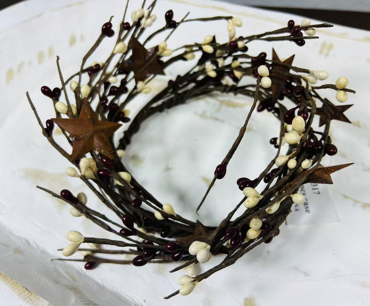 Burgundy Cream Pip Berry Candle Ring: Rustic Star Farmhouse Decor