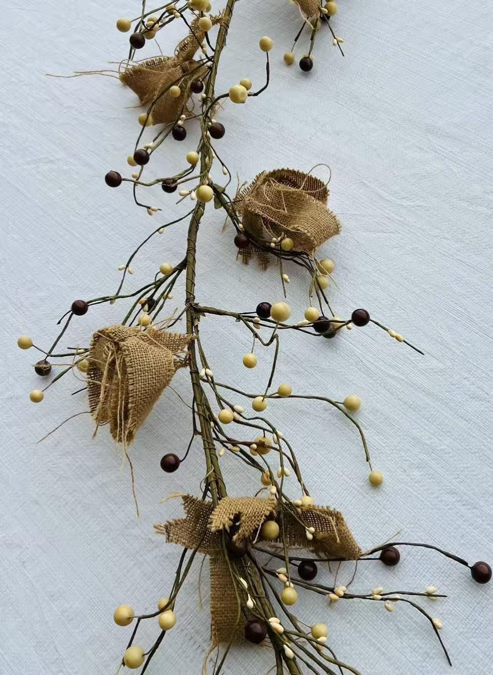 Rustic 5ft Pip Berry Garland with Burlap Roses, Farmhouse Country Decor, Primitive Mantel Accent