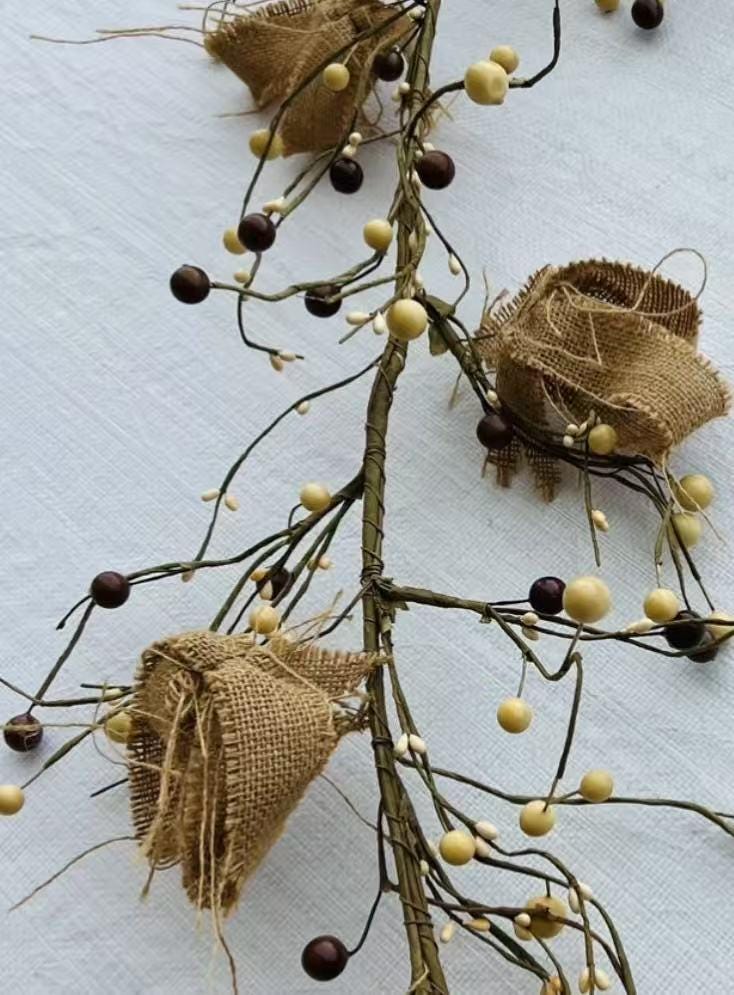 Rustic 5ft Pip Berry Garland with Burlap Roses, Farmhouse Country Decor, Primitive Mantel Accent