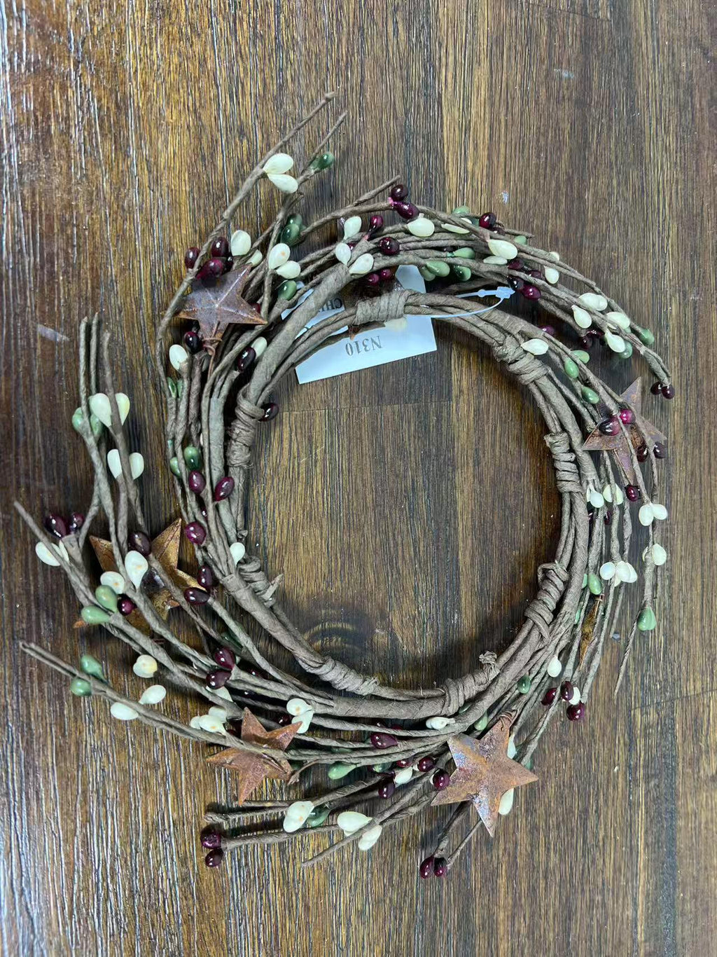 Pip Berry Candle Ring with Metal Stars: Rustic Farmhouse Decor