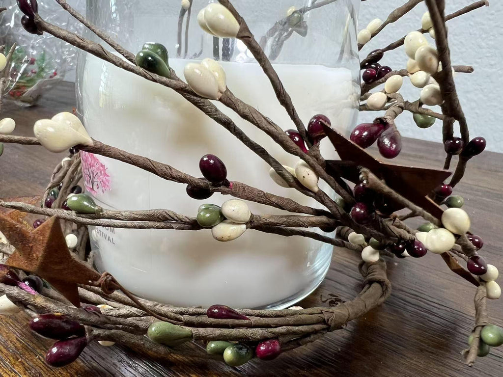Pip Berry Candle Ring with Metal Stars: Rustic Farmhouse Decor