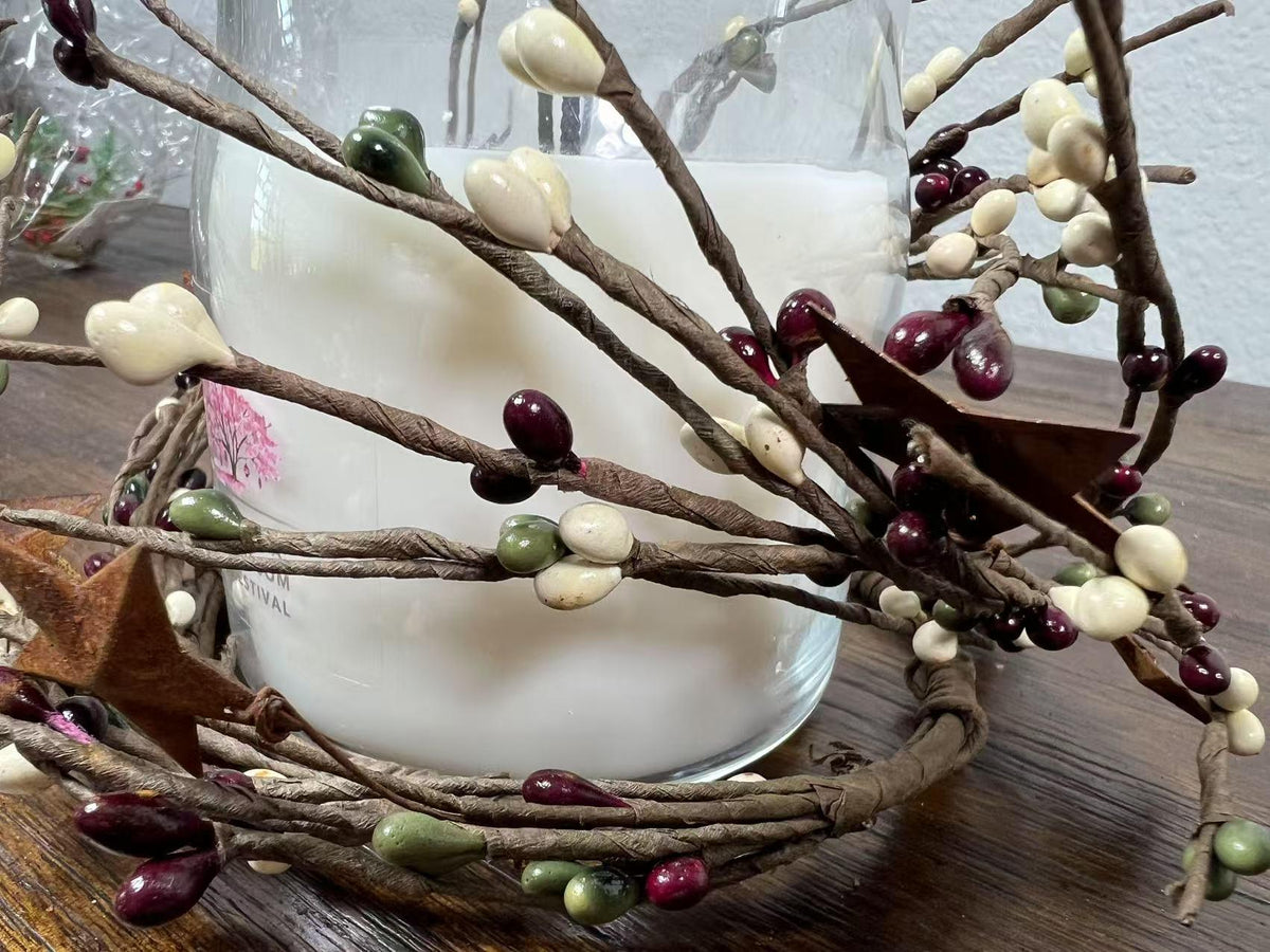 Pip Berry Candle Ring with Metal Stars: Rustic Farmhouse Decor