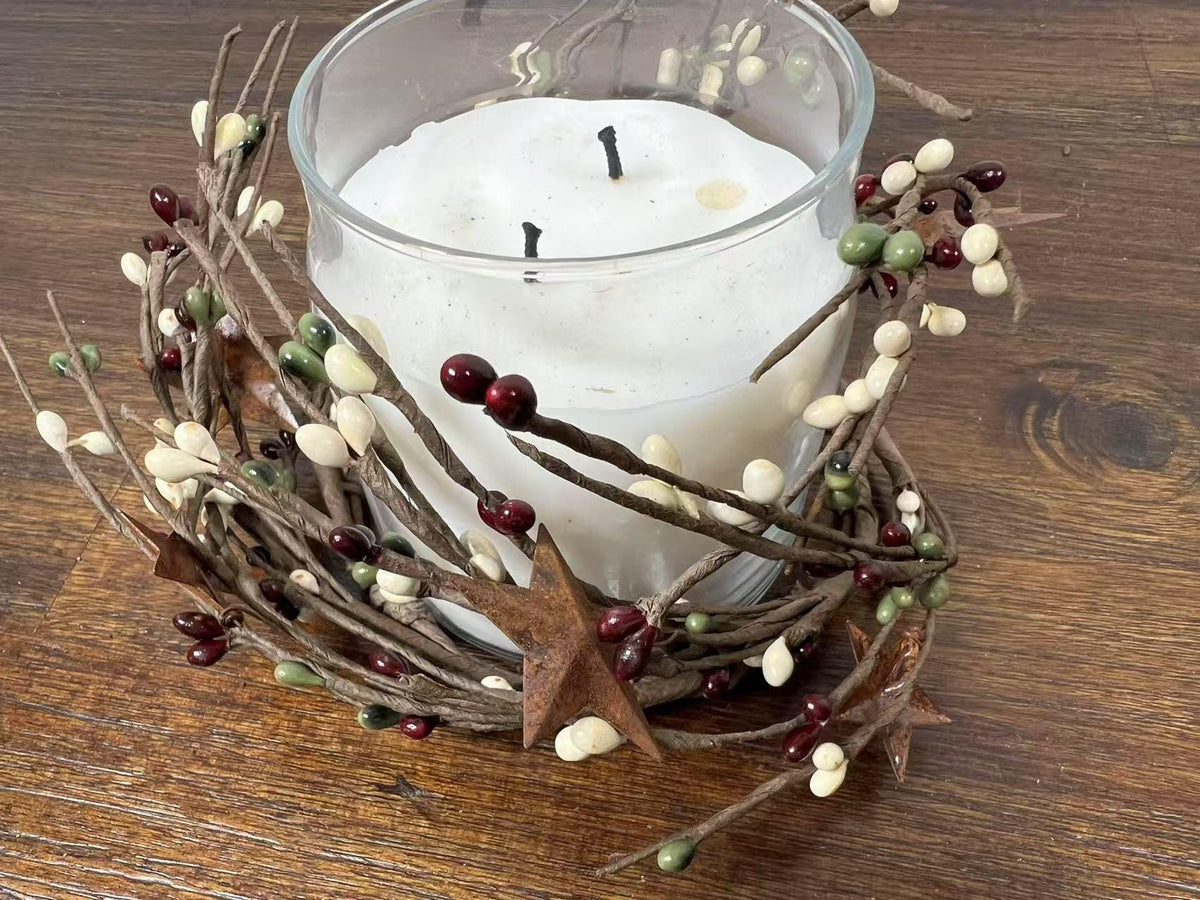 Pip Berry Candle Ring with Metal Stars: Rustic Farmhouse Decor