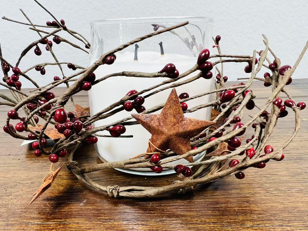Burgundy Pip Berry Candle Ring: Rustic Star Farmhouse Decor
