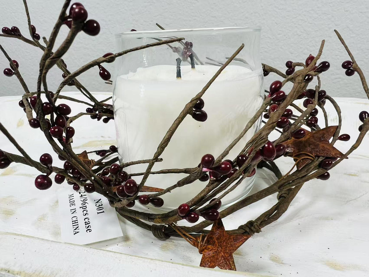 Burgundy Pip Berry Candle Ring: Rustic Star Farmhouse Decor