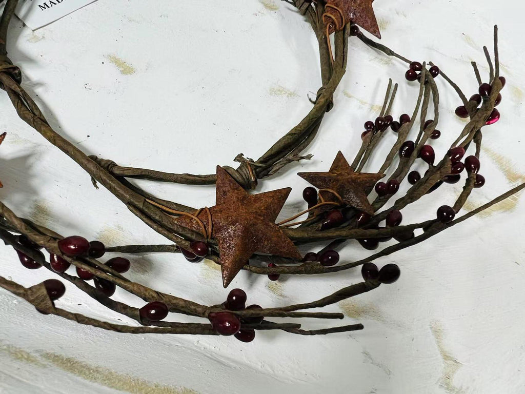 Burgundy Pip Berry Candle Ring: Rustic Star Farmhouse Decor