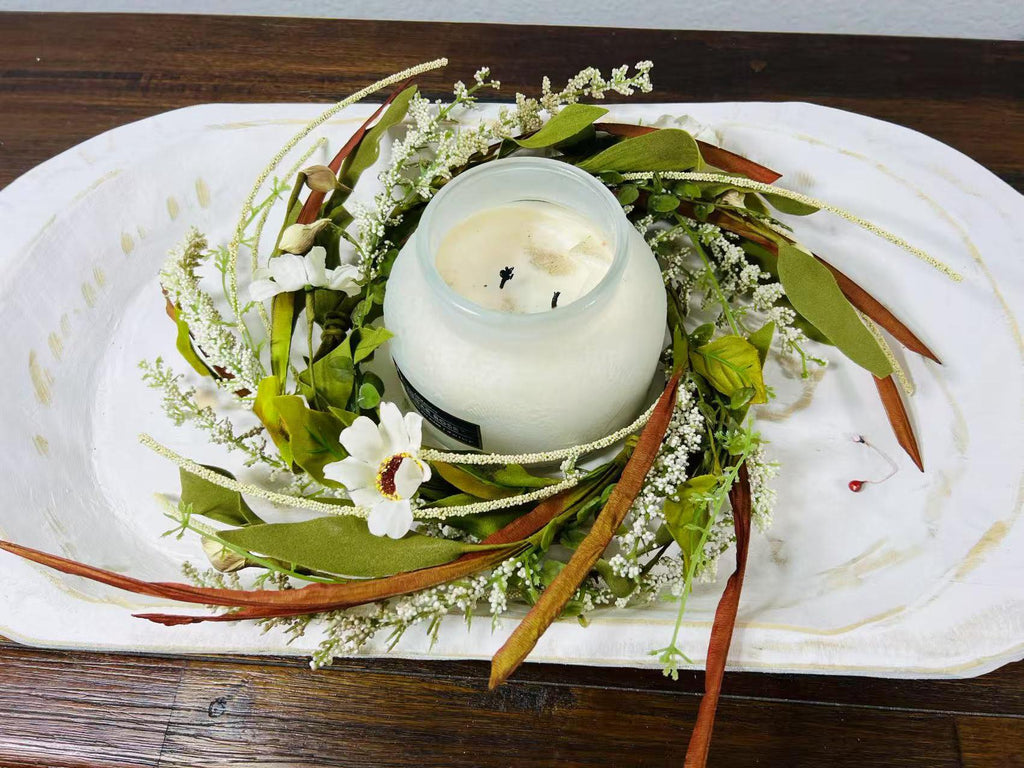 6.5” Mini Artificial Floral Wreath  – Small Rustic Greenery Candle Ring with White Flowers